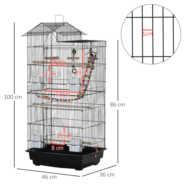 Metal Bird Cage for Budgies, Finches w/ Accessories, Toys, Tray, Handle - Black