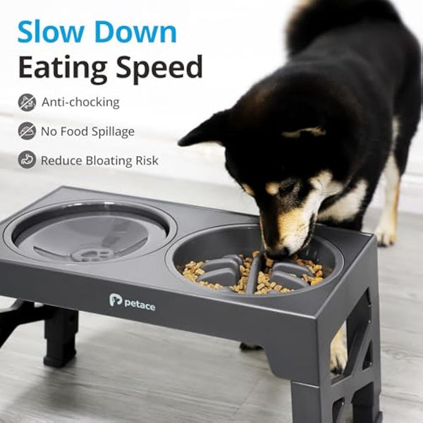Petace Elevated Dog Bowls for Large Dogs, Raised Dog Bowl Stand with 2 Slow Feeder Bowl & Stainless Steel Dog Bowl, 5 Heights Adjustable for Small Medium Large Pets