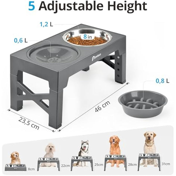 Petace Elevated Dog Bowls for Large Dogs, Raised Dog Bowl Stand with 2 Slow Feeder Bowl & Stainless Steel Dog Bowl, 5 Heights Adjustable for Small Medium Large Pets