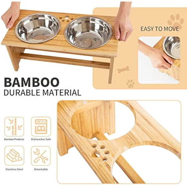 FOREYY Raised Dog Bowls for Cats and Dogs - Bamboo Elevated Dog Cat Food and Water Bowls Stands Feeder Dishes with 2 Stainless Steel Bowls and Anti Slip Feet (Large - 25.4 cm high)