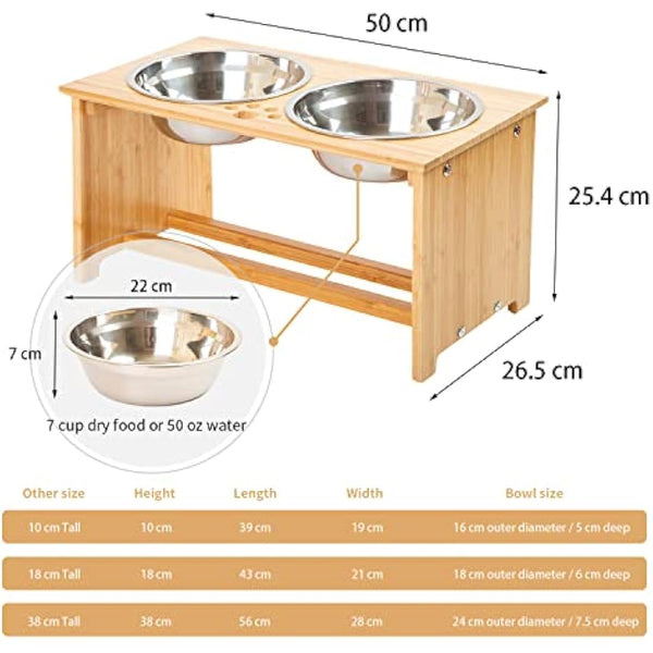 FOREYY Raised Dog Bowls for Cats and Dogs - Bamboo Elevated Dog Cat Food and Water Bowls Stands Feeder Dishes with 2 Stainless Steel Bowls and Anti Slip Feet (Large - 25.4 cm high)