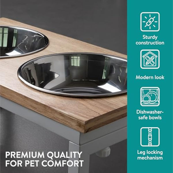 Navaris Large Pet Feeder with Foldable Legs - Wooden Raised Dog Bowl Stand - Elevated Big Medium Dog & Cat Food and Water Bowls for Better Feeding Posture - 800ml (27oz) Capacity