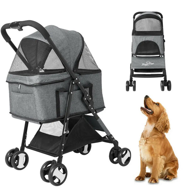 Large 4 Wheel Dog Carrier Trailer, Pram with Mesh Windows, Outdoor Portable Puppy Travel Walk Carrier, Load 30kg