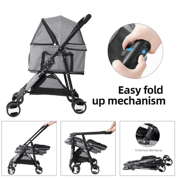 Large 4 Wheel Dog Carrier Trailer, Pram with Mesh Windows, Outdoor Portable Puppy Travel Walk Carrier, Load 30kg